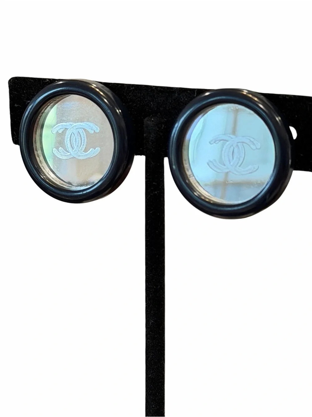 CHANEL Vintage Mirror CC Round Clip Earrings - Black Trim